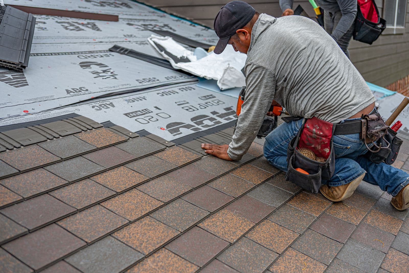 Architectural shingles and underlayment during installation